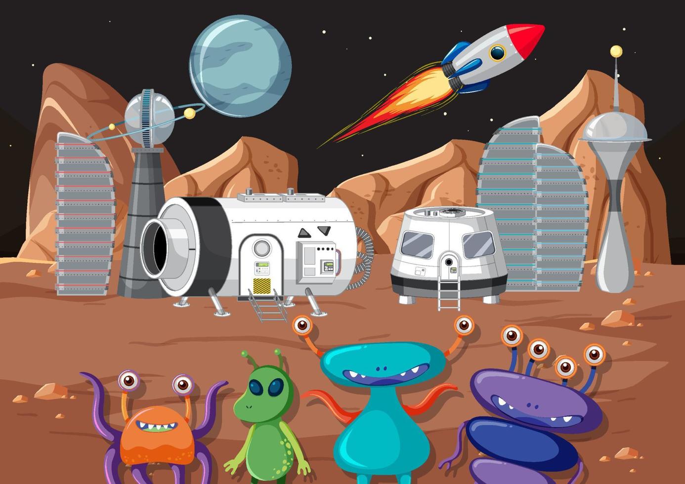 pianeta dello spazio esterno con alieni in stile cartone animato vettore