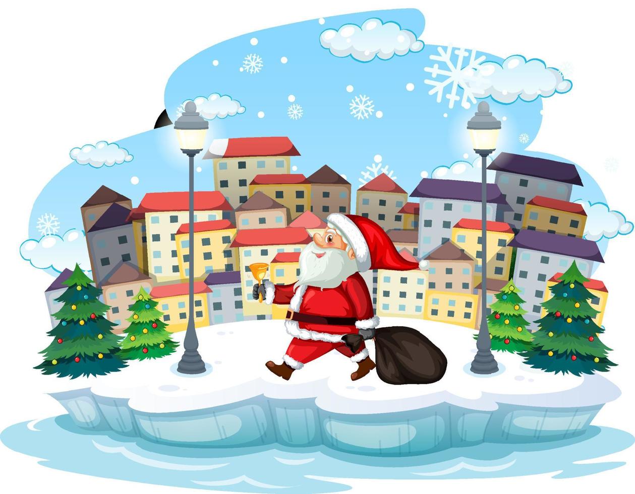 giornata nevosa con Babbo Natale che consegna regali in città vettore