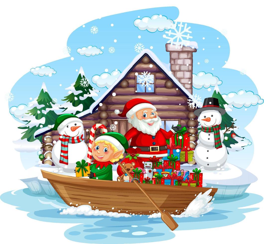 Babbo Natale consegna regali in barca a remi vettore