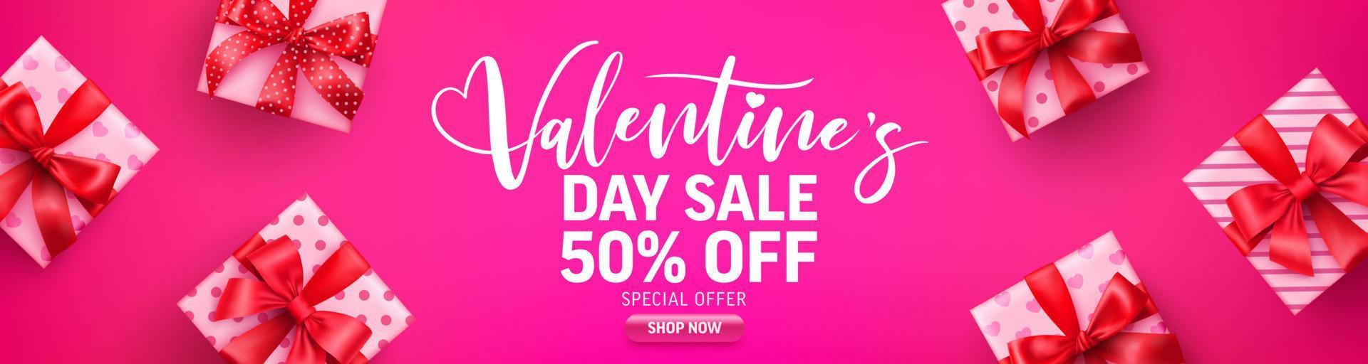 poster o banner di vendita di san valentino con confezione regalo carina su sfondo rosa. modello di promozione e shopping o sfondo per amore e concetto di san valentino. vettore
