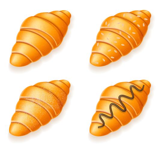 set di icone di croissant freschi croccanti con cioccolato semi di sesamo e zucchero a velo illustrazione vettoriale