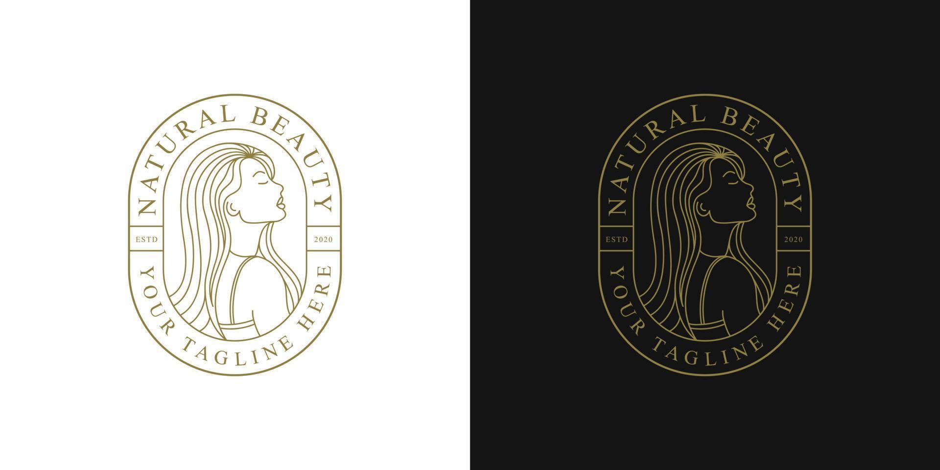 modello di progettazione di logo bella donna. distintivo, capelli, ragazza, foglia, fiore. concetto di design astratto per salone di bellezza, cosmetici e spa vettore