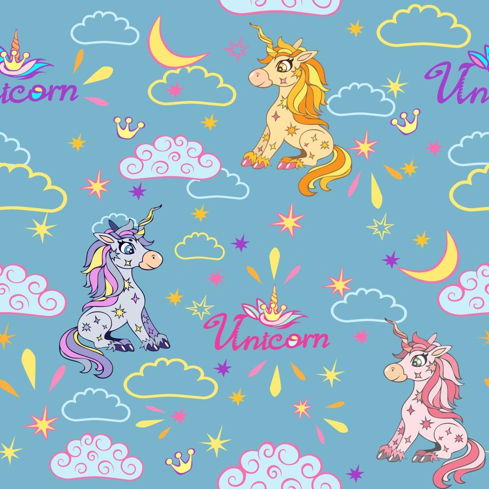 modello senza cuciture di simpatici unicorni magici sul cielo con nuvole e stelle colorate. vettore