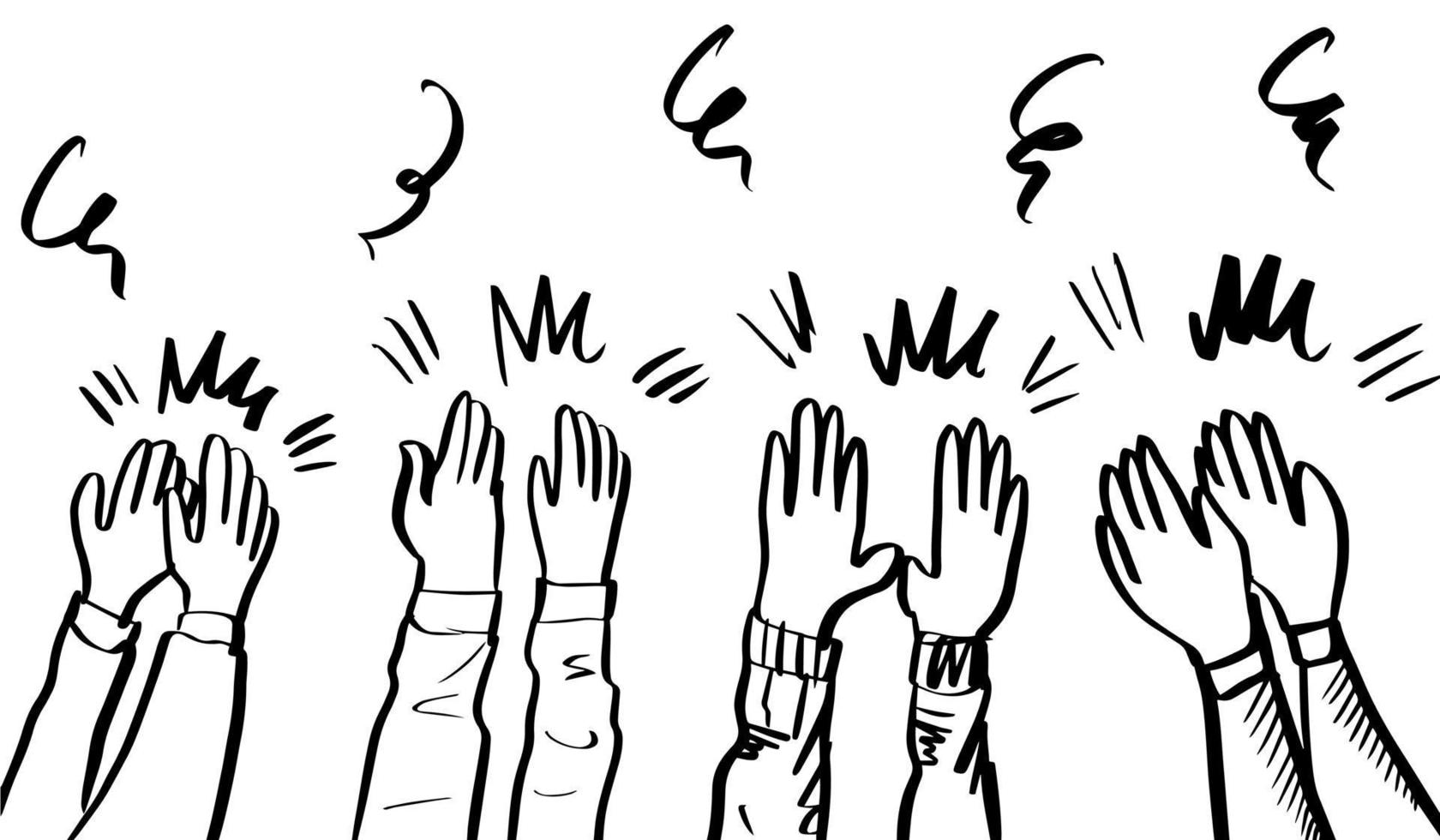 stile schizzo disegnato a mano di applausi, pollice in alto gesto. mani umane che applaudono l'ovazione. su stile doodle, illustrazione vettoriale. vettore