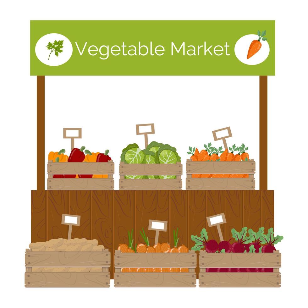 davanti al mercato agricolo, scatola di legno con verdure e cartellino del prezzo. illustrazione vettoriale