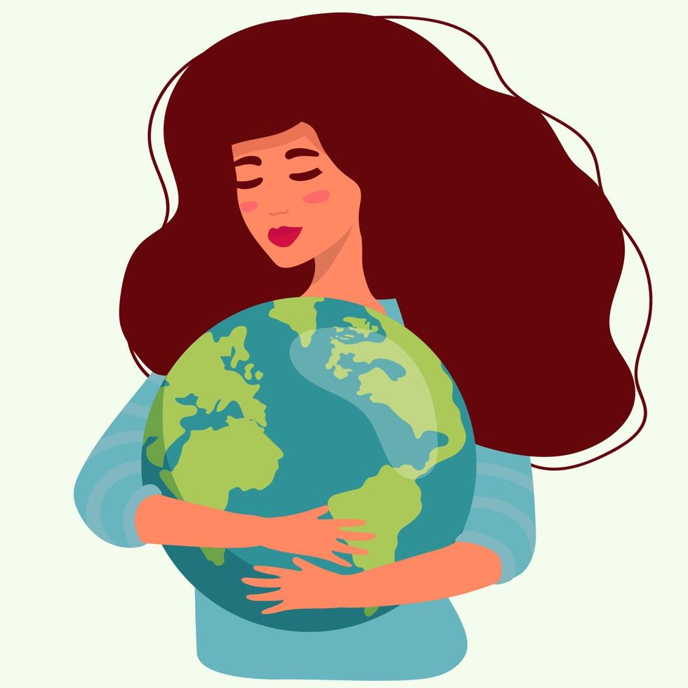 la giovane donna o ragazza abbraccia il pianeta terra verde con cura, amore. illustrazione vettoriale della giornata della terra e del pianeta di salvataggio. conservazione dell'ambiente, concetto di risparmio energetico. piatto