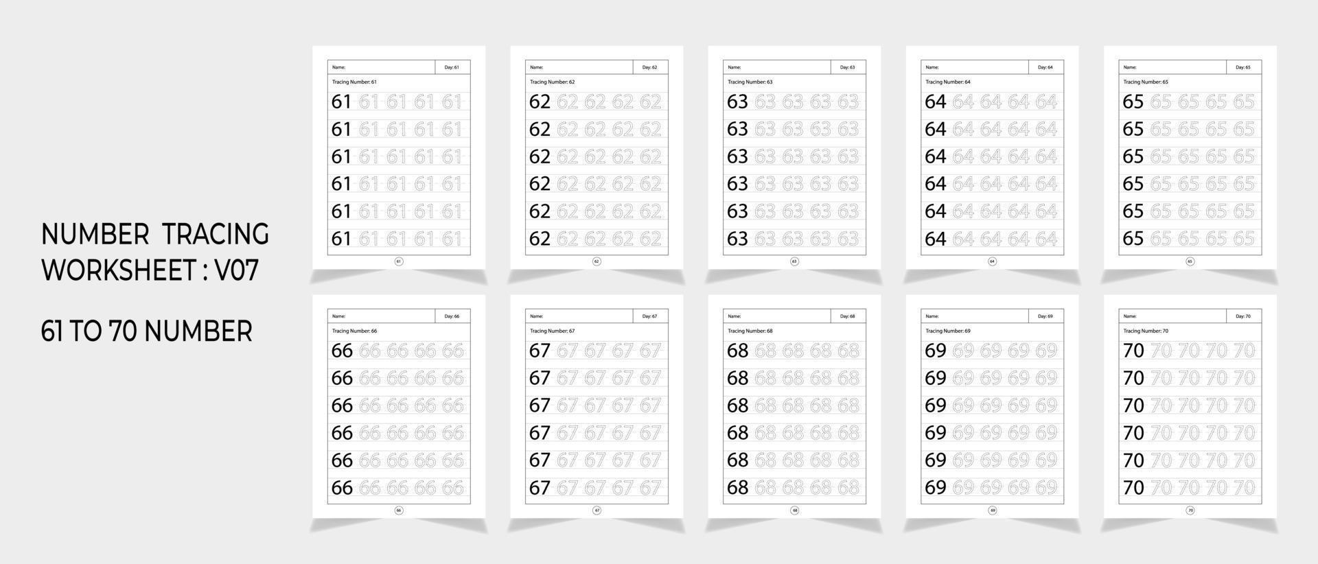 fogli di lavoro per il tracciamento dei numeri dell'asilo, matematica per la progettazione di giochi matematici educativi, foglio di lavoro stampabile vettore