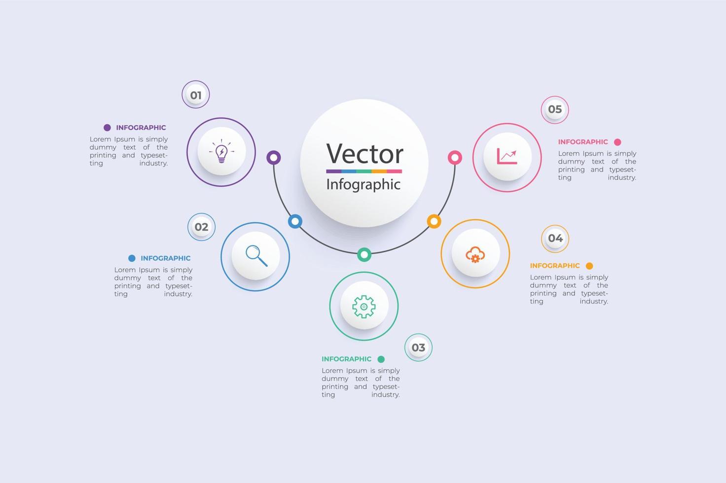 modello di infografica vettoriale con etichetta di carta 3d, cerchi integrati. concetto di business con 5 opzioni. per contenuto, diagramma, diagramma di flusso, passaggi, parti, infografica timeline.