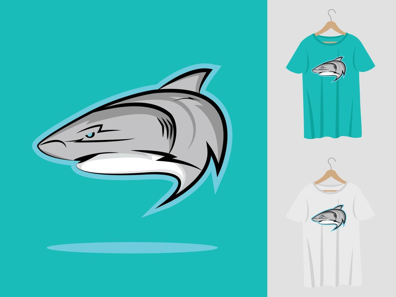 design mascotte logo squalo con t-shirt. illustrazione della testa di squalo per la squadra sportiva e la stampa di t-shirt vettore