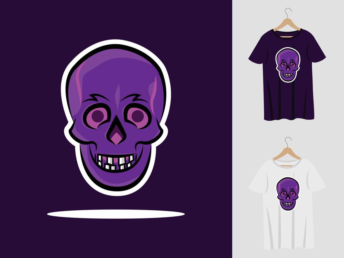 disegno della mascotte di halloween del cranio con la maglietta. illustrazione della testa del cranio per la festa di halloween e la stampa di t-shirt vettore
