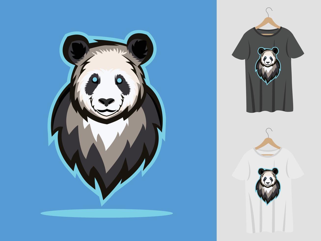 design della mascotte del logo panda con t-shirt. illustrazione della testa del panda per la squadra sportiva e la maglietta di stampa vettore