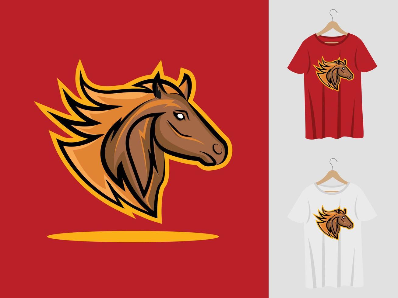 disegno della mascotte del logo del cavallo con t-shirt. illustrazione della testa di cavallo per la squadra sportiva e la stampa di t-shirt vettore