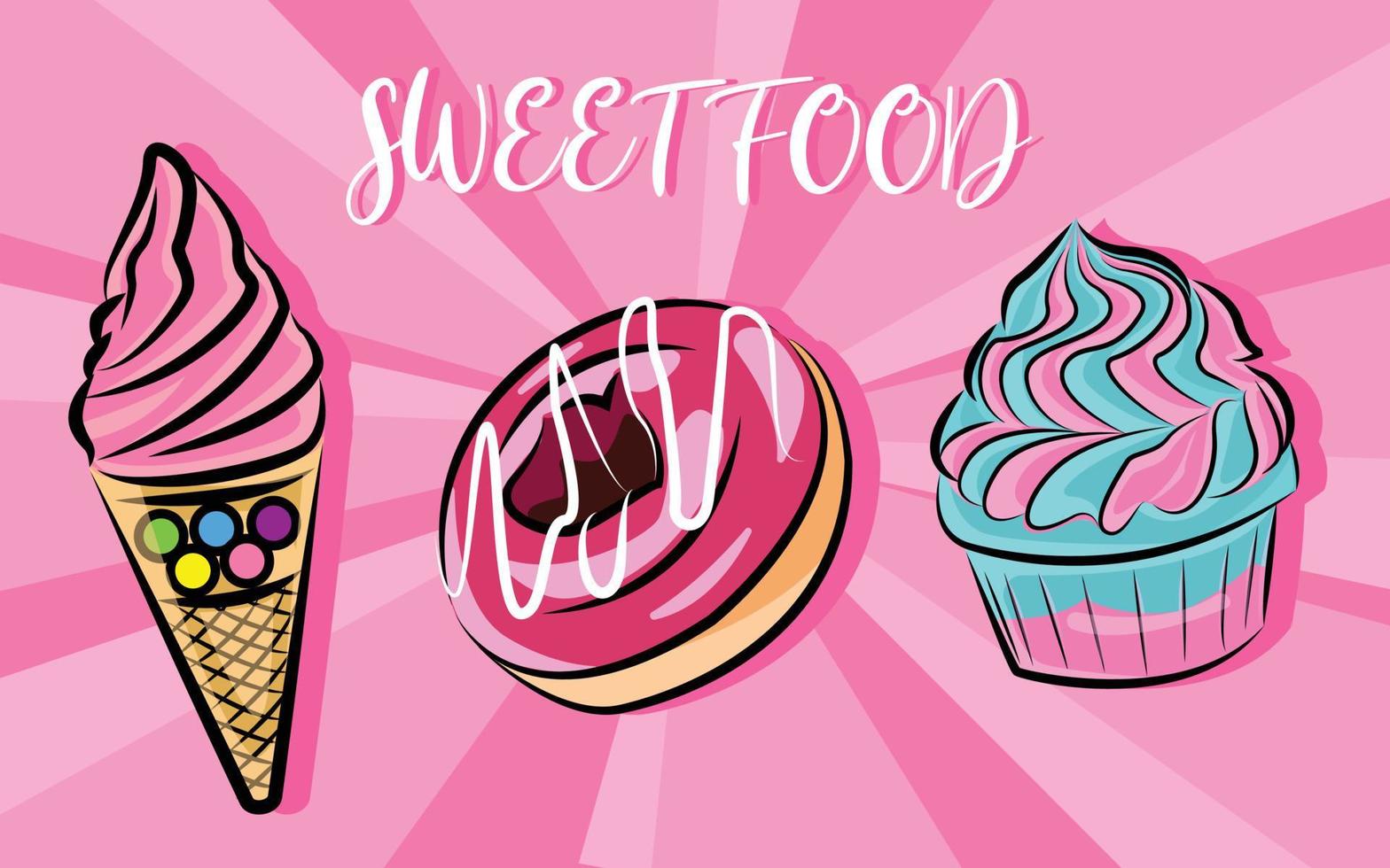 impostare gelato cartone animato cibo dolce, ciambella e cupcake con sfondo rosa. illustrazione vettoriale