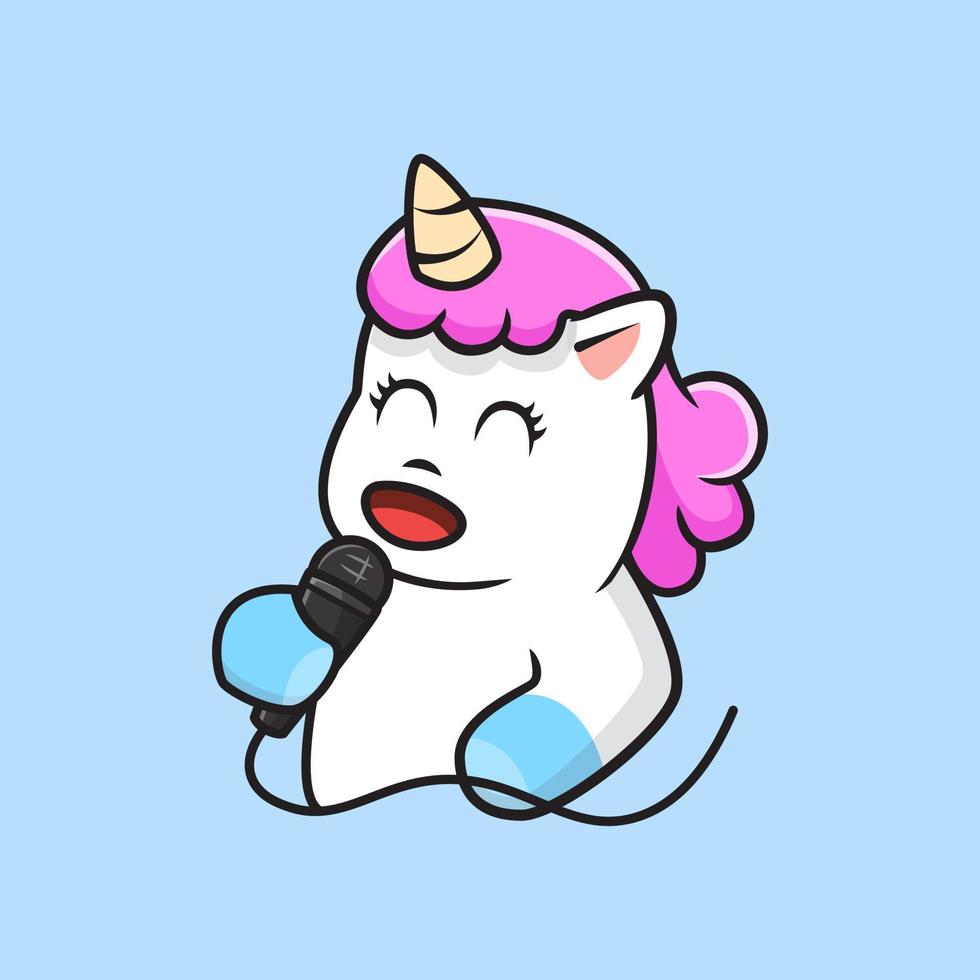 unicorno che tiene microfono e canta simpatico cartone animato illustrazione vettoriale adatto per bambini libri, adesivi, striscioni, t-shirt e altri prodotti grafici