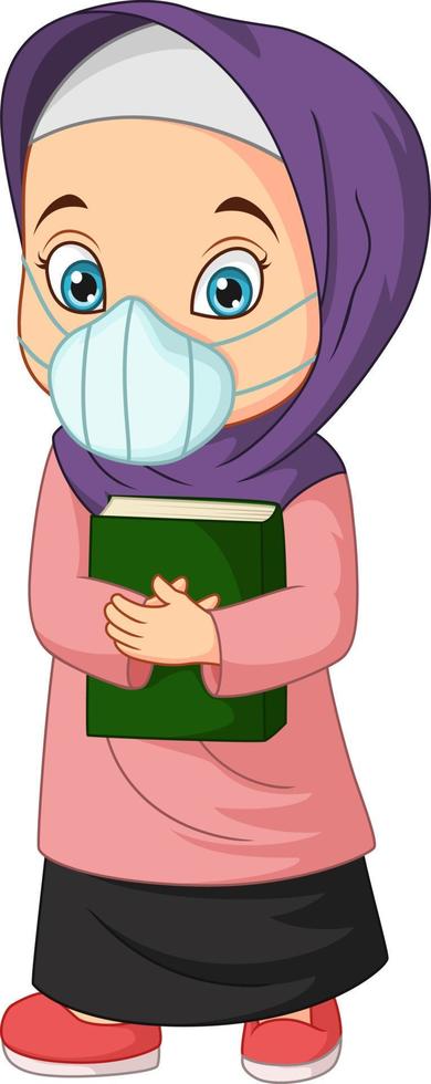 ragazza musulmana del fumetto che tiene il libro del corano che indossa la maschera vettore