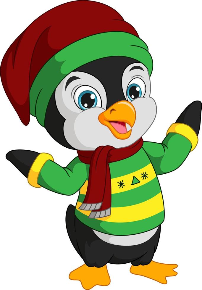 simpatico pinguino che indossa abiti invernali vettore