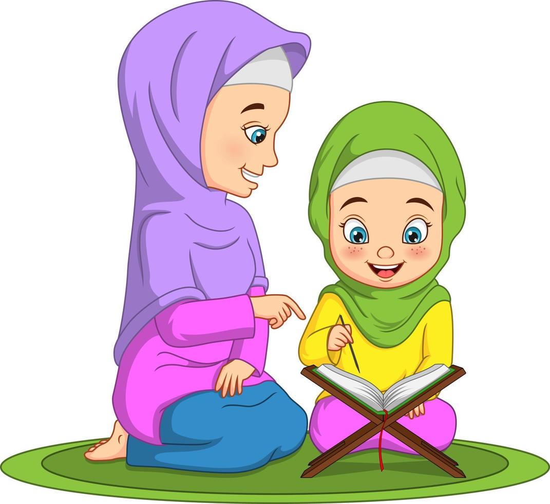 donna musulmana che insegna a sua figlia a leggere il Corano vettore