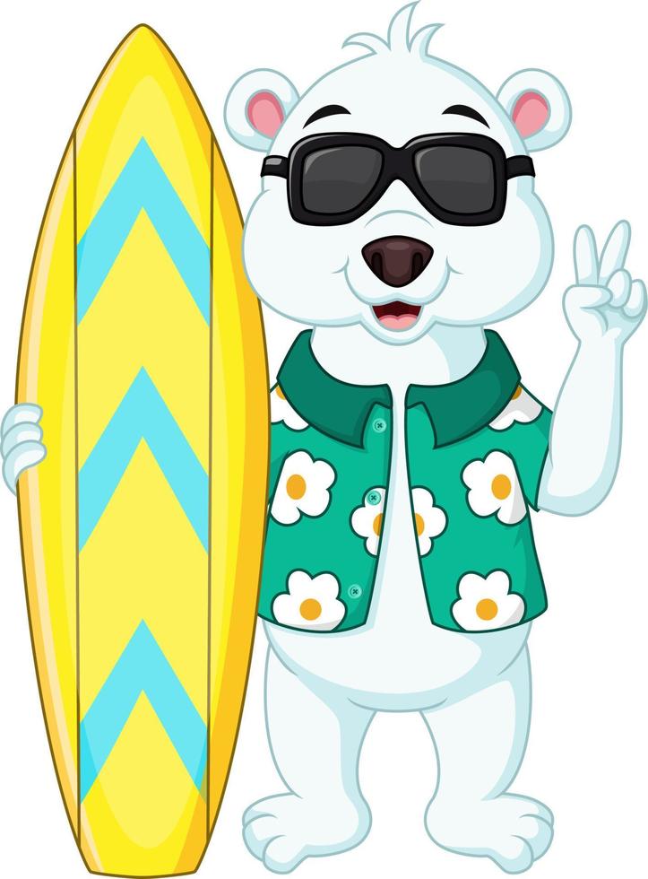 surfista dell'orso polare del fumetto che tiene la tavola da surf vettore