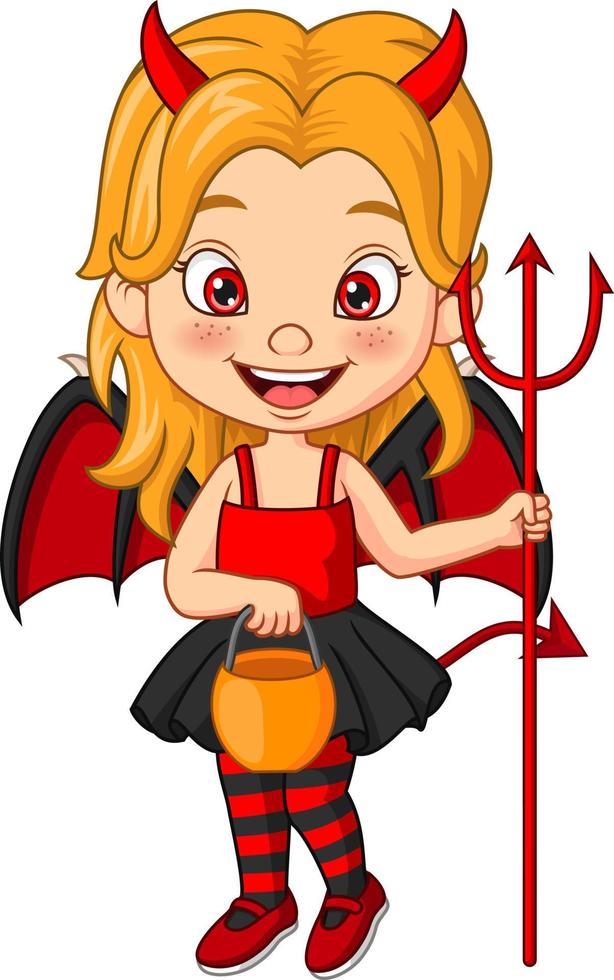 bambina del fumetto che indossa il costume del diavolo di halloween che tiene il forcone vettore