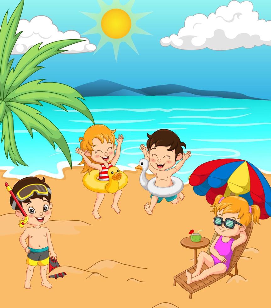 gruppo di bambini felici dei cartoni animati in spiaggia vettore