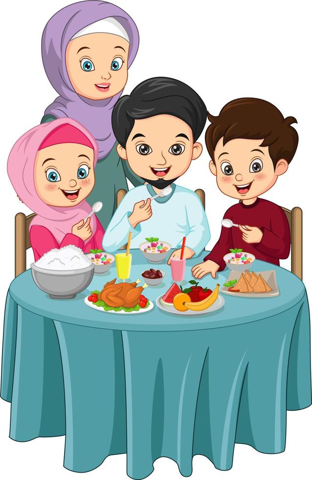 famiglia musulmana che mangia insieme delizioso cibo iftar vettore