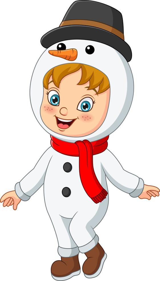 cartone animato bambina che indossa il costume da pupazzo di neve vettore