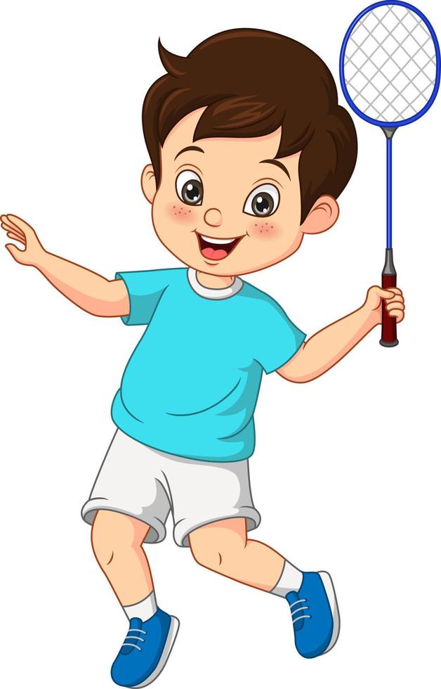 ragazzino felice del fumetto che gioca a badminton vettore
