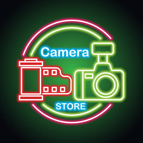 attrezzatura fotografica con effetto neon sign per negozio di macchine fotografiche vettore