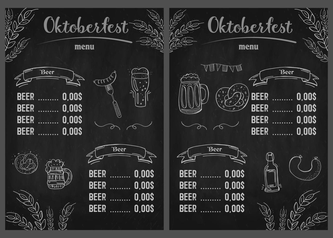 oktoberfest 2022 - festa della birra. elementi di doodle disegnati a mano. festa tradizionale tedesca. festa di ottobre, birra artigianale. rombo bianco-blu. menu della birra verticale della lavagna. vettore