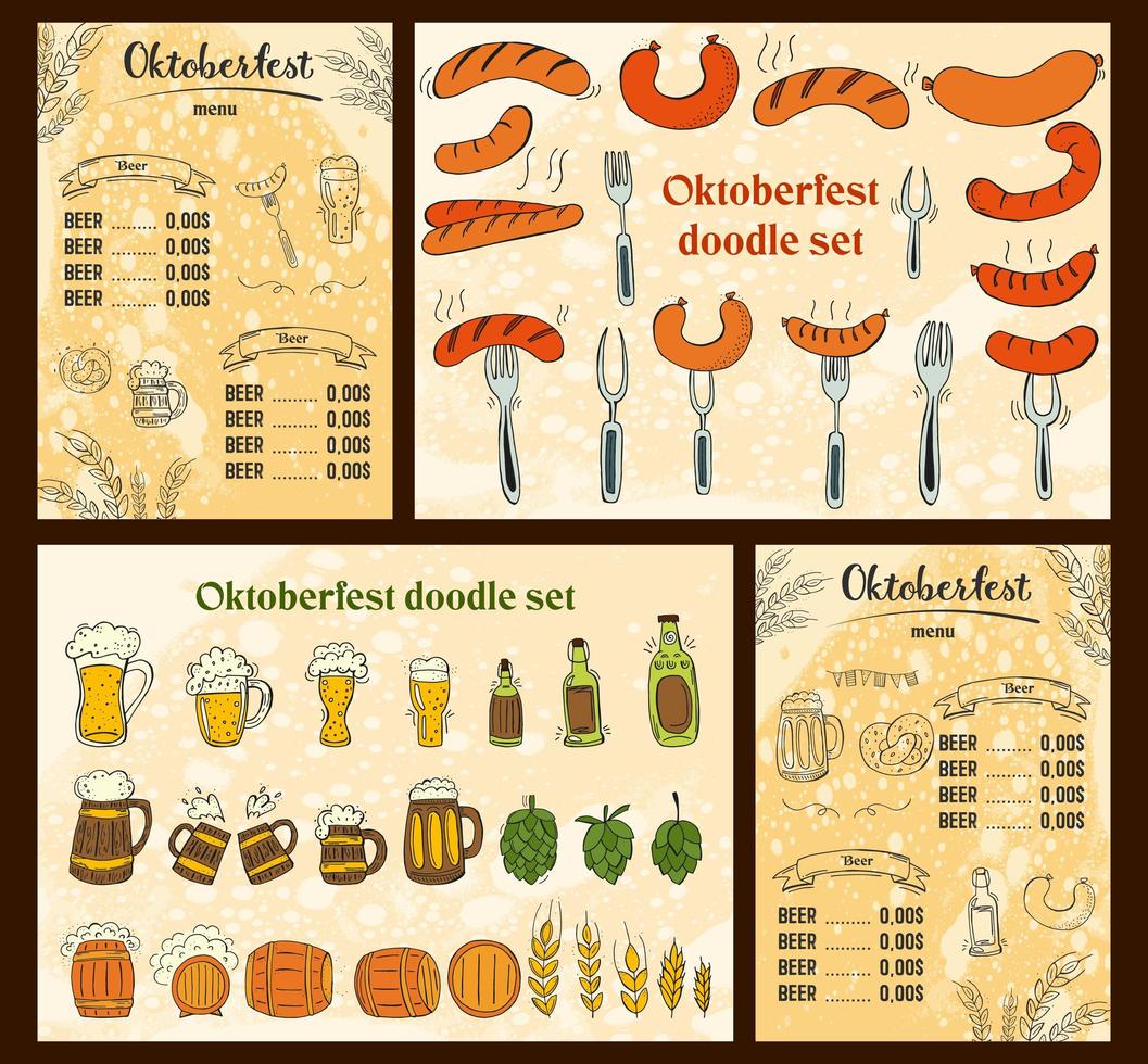 oktoberfest 2022 - festa della birra. elementi di doodle disegnati a mano. festa tradizionale tedesca. festa di ottobre, birra artigianale. rombo bianco-blu. set - menu della birra con elementi. vettore