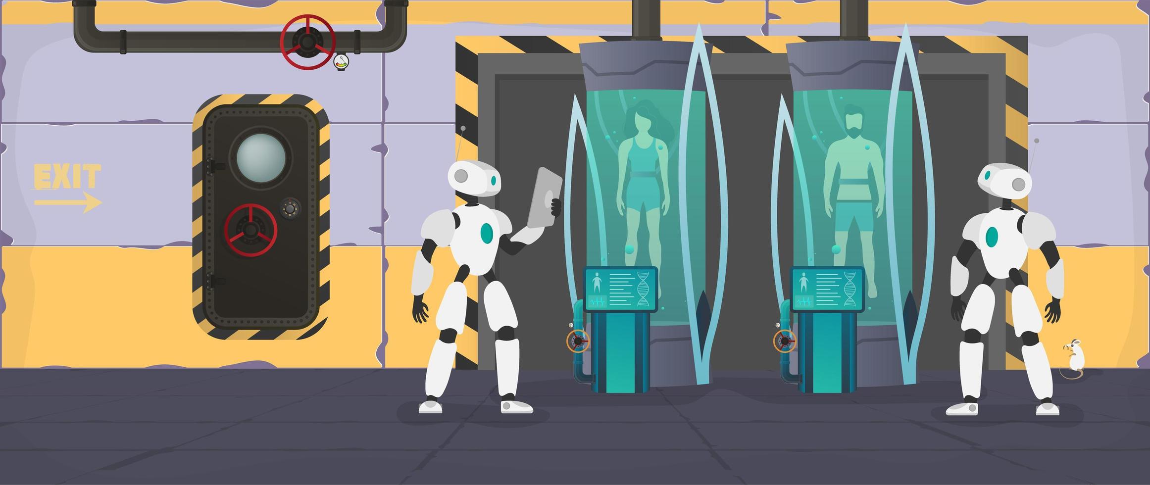 collonizzazione dei pianeti. il robot controlla le condizioni dell'essere umano. laboratorio futuristico con capsule criogeniche. tecnologia criogenica per l'uomo o la camera criogenica di un astronauta. vettore. vettore