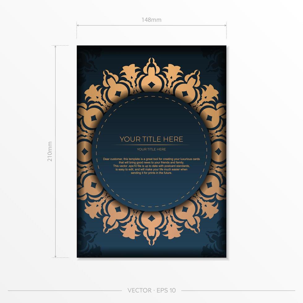 modello di cartolina blu scuro con ornamento mandala indiano. elementi eleganti e classici pronti per la stampa e la tipografia. illustrazione vettoriale. vettore