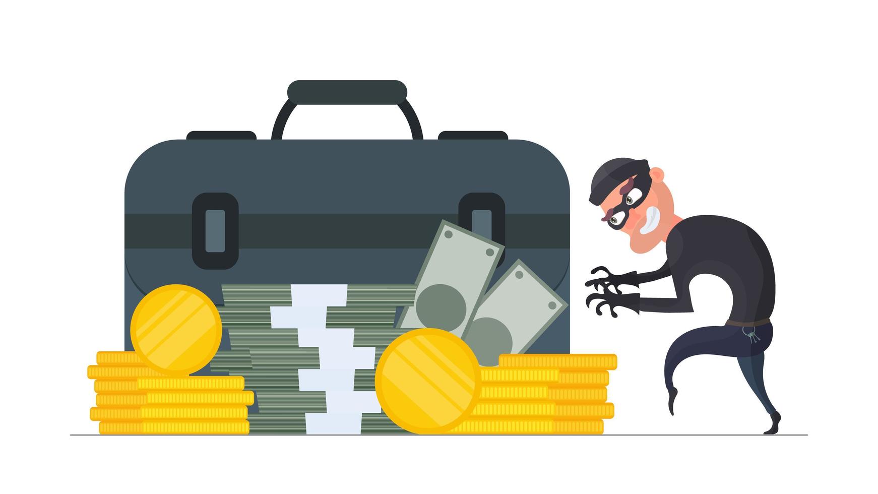 il ladro ruba i soldi. il criminale ruba monete d'oro. concetto di sicurezza finanziaria e di rapina. stile piatto, isolato, vettore. vettore