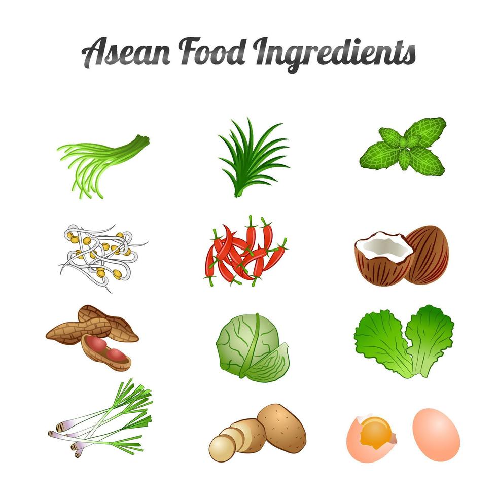 Il pacchetto di ingredienti alimentari dell'ASEAN include verdure e carne in un design a cartoni animati a gradiente vettore