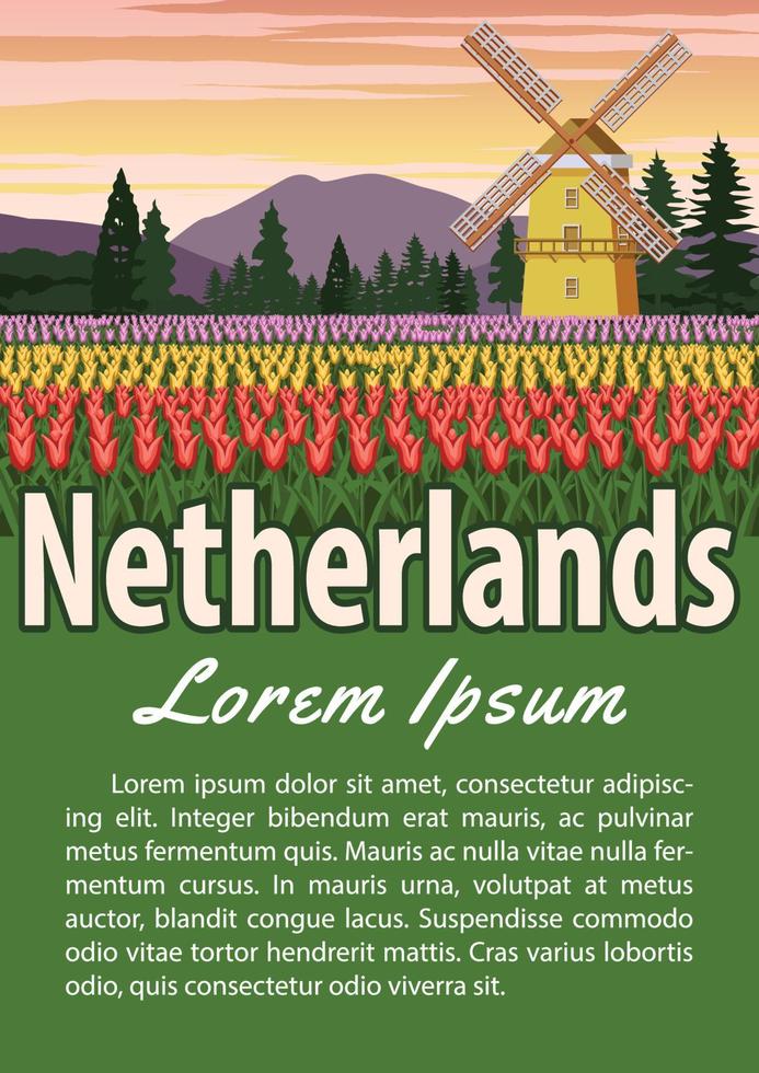 Brochure del punto di riferimento dei Paesi Bassi in tipografia dal design vintage a colori, grafica pubblicitaria vettore