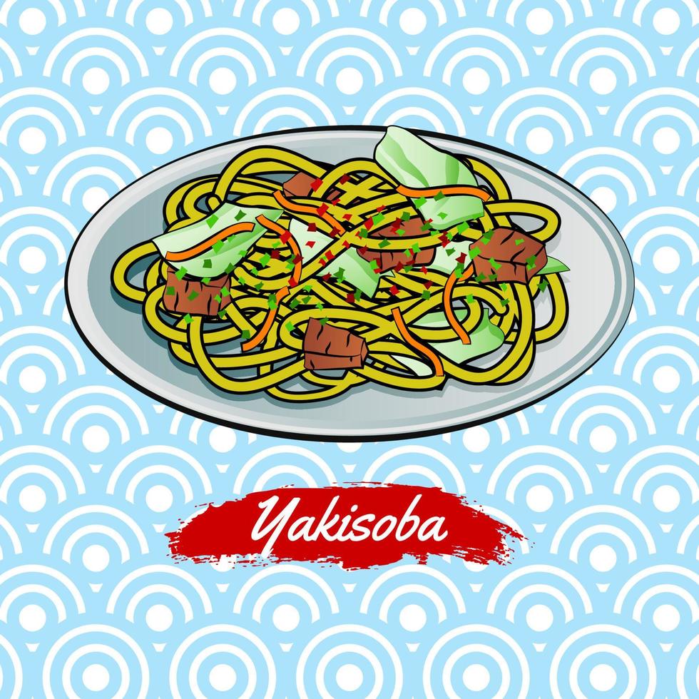 set di cibo delizioso e famoso giapponese, yakisoba, in un'icona di design sfumato colorato vettore