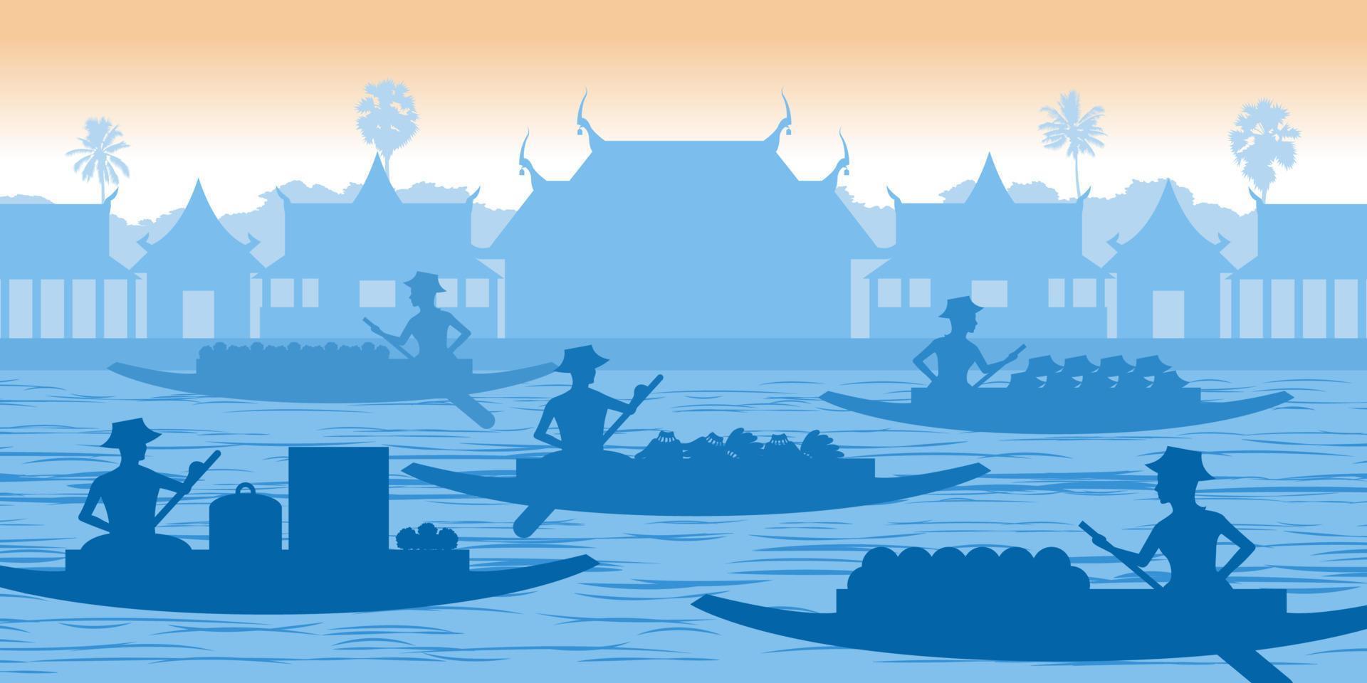 disegno della siluetta blu del mercato galleggiante della thailandia, popolare mercato antico di turisti vettore