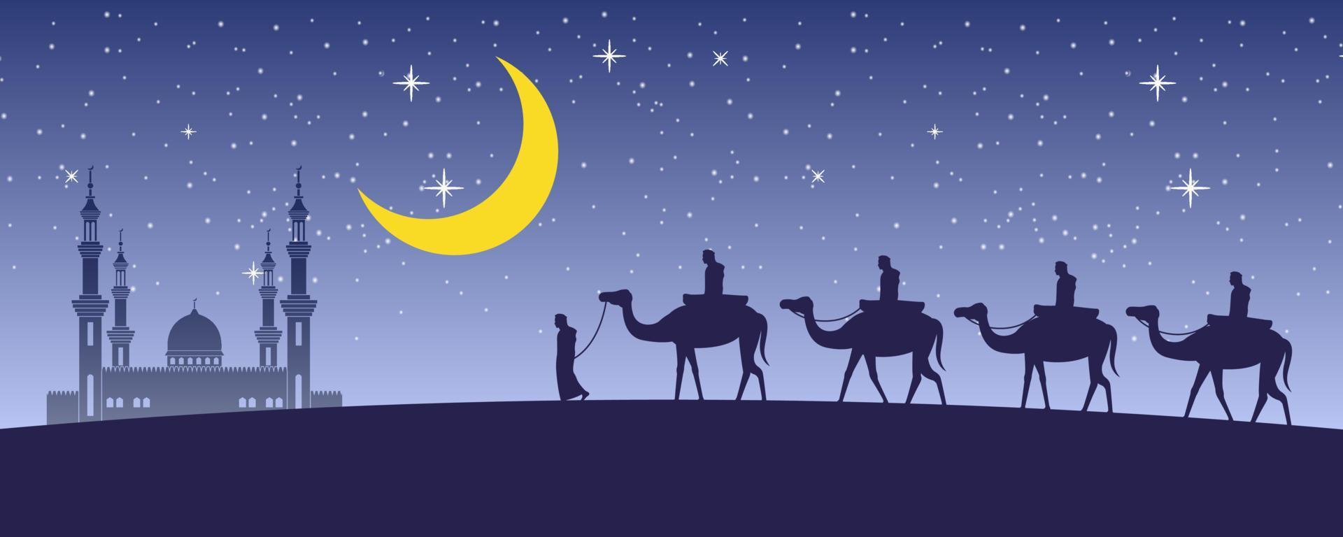 carovana musulmana giro in cammello alla moschea di dubai di notte piena di stelle e bella luna, la tradizione dell'arabo, design silhouette vettore