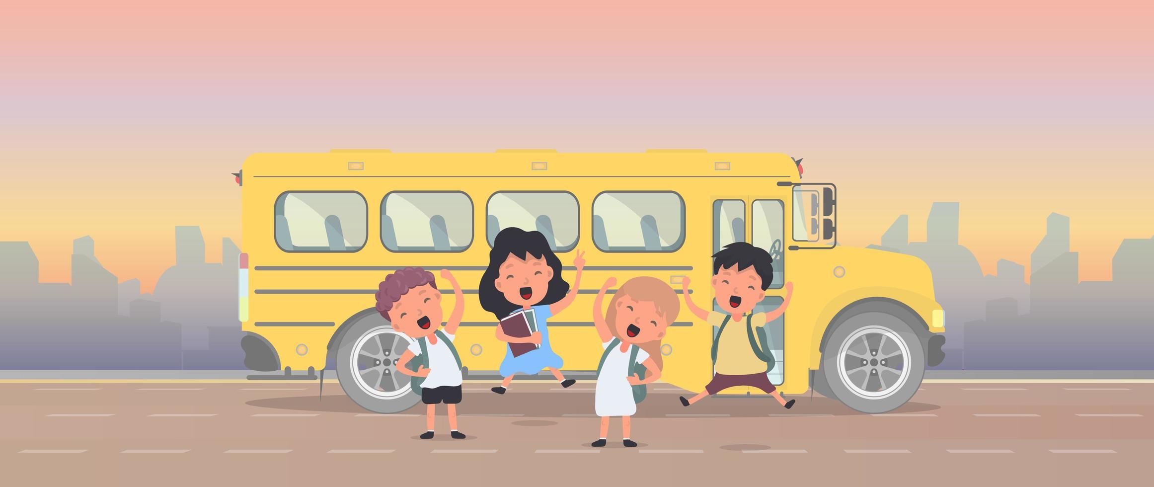 bambini felici e uno scuolabus. i bambini vanno a scuola. autobus giallo per la scuola. vetkor. vettore