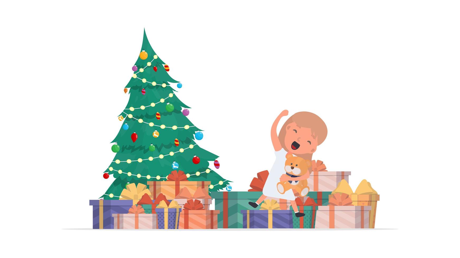 bambini felici con doni. bambini felici, scatole regalo, albero di natale. isolato. vettore. vettore