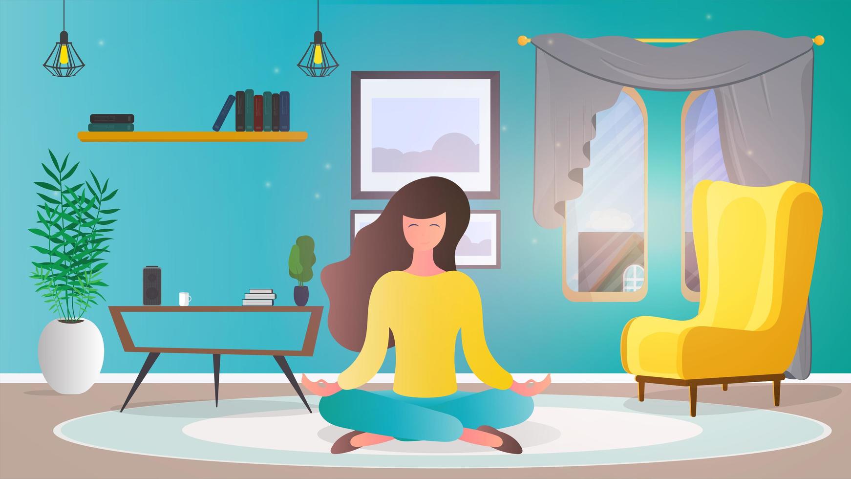 la ragazza sta meditando nella stanza. ragazza che fa yoga. illustrazione vettoriale. vettore