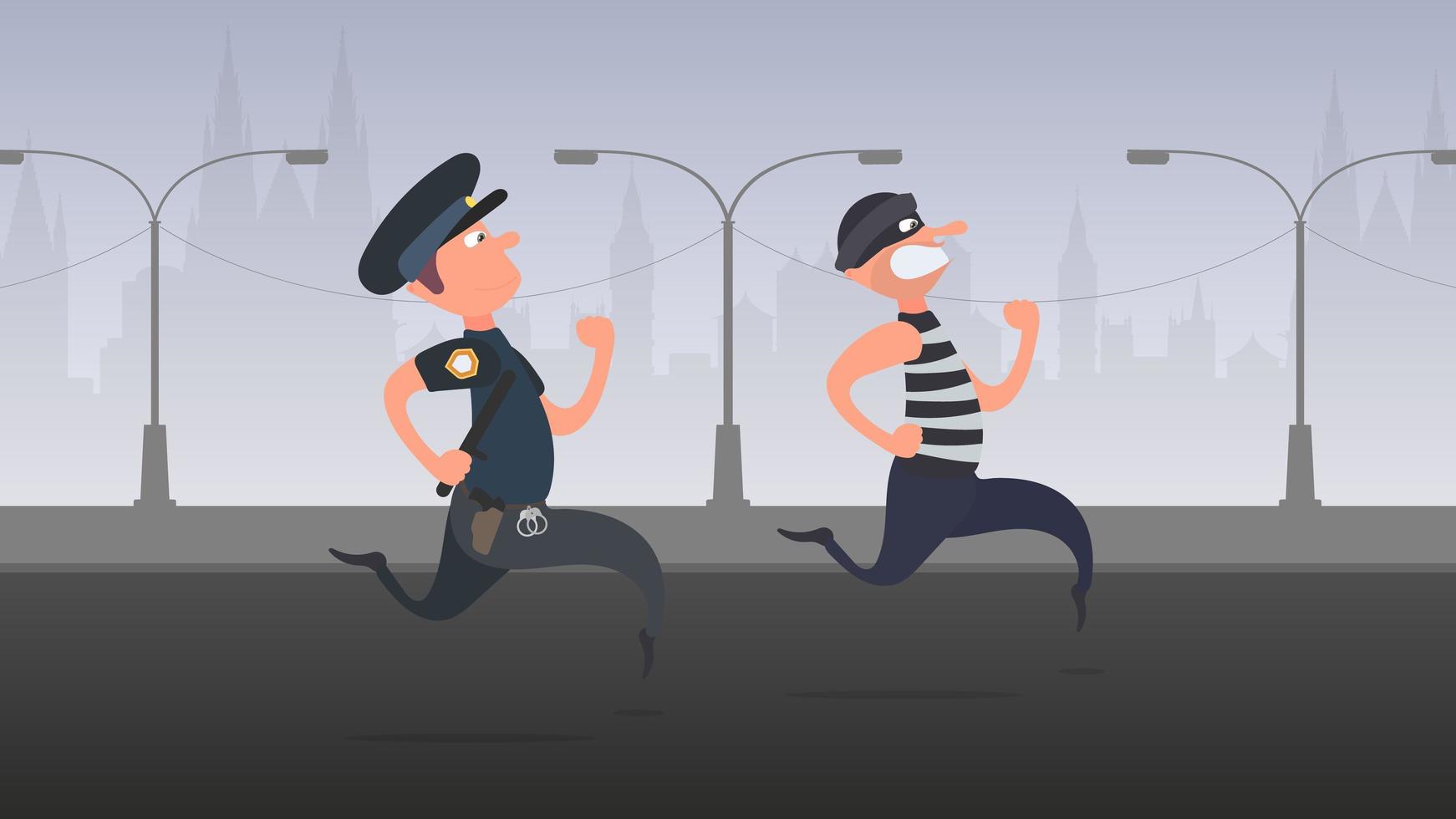 un poliziotto corre dietro a un ladro. il criminale scappa dal poliziotto. stile cartone animato. vettore. vettore