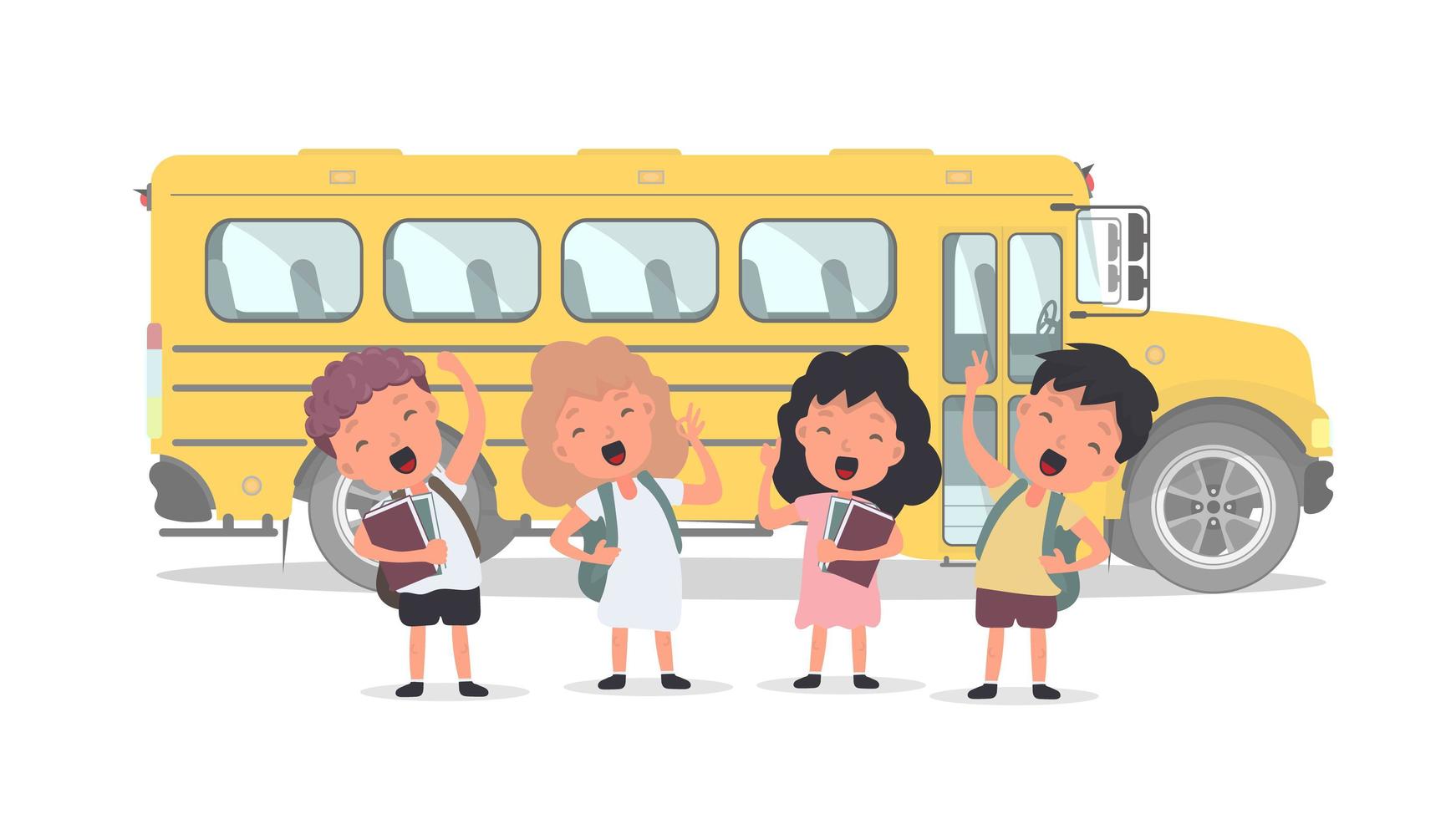bambini felici e uno scuolabus. i bambini vanno a scuola. autobus giallo per la scuola. isolato. vetkor. vettore