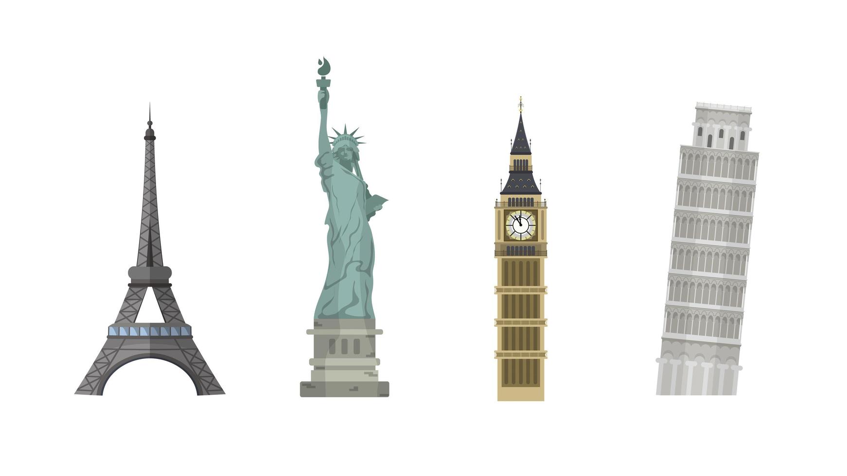 insieme di punti di riferimento del mondo isolati su uno sfondo bianco. torre eiffel, statua della libertà, torre pendente di pisa e big ben. vettore