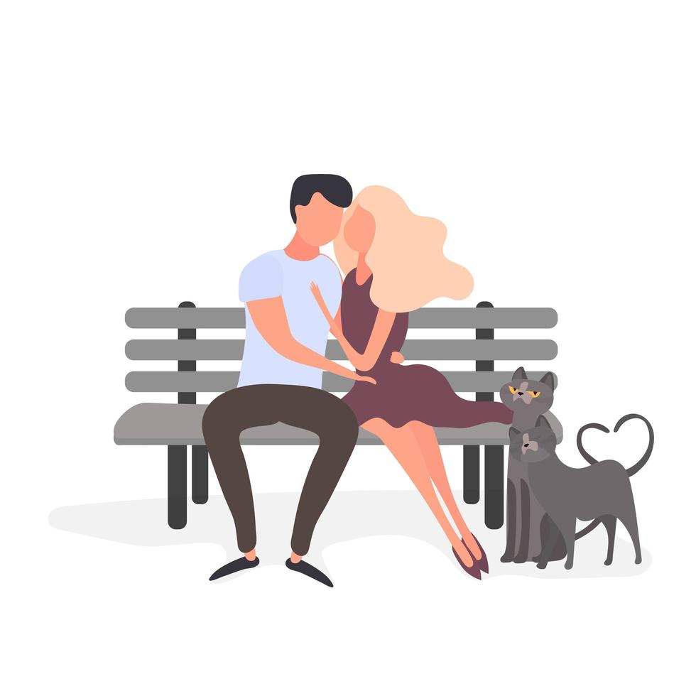 coppia di innamorati coccole su una panchina isolata su uno sfondo bianco. fidanzato, ragazza, gatti, abbracci, amore. elemento di design sul tema di s. San Valentino. vettore. vettore