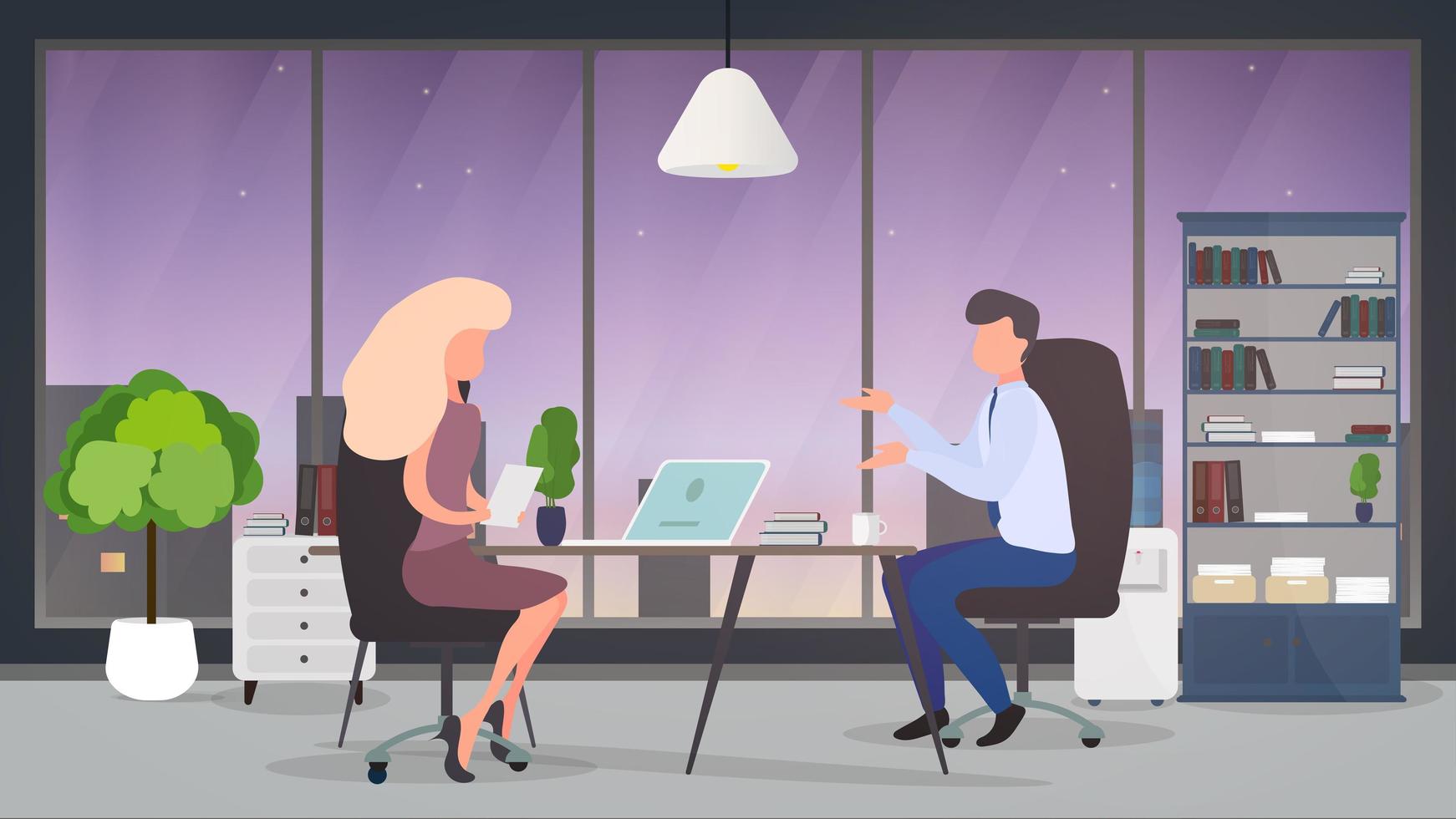 colloquio di lavoro per persone con disabilità. uomo disabile seduto su una sedia a rotelle, che accetta un contratto di lavoro con una datrice di lavoro. colloquio di lavoro. illustrazione vettoriale dei cartoni animati.