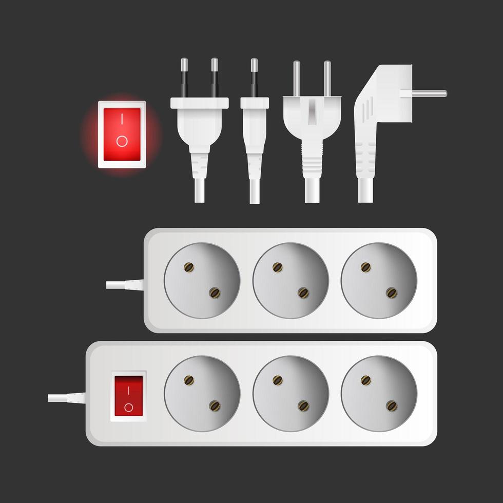 un set di prolunghe bianche con tre uscite. spina per presa. vettore di stile realistico.