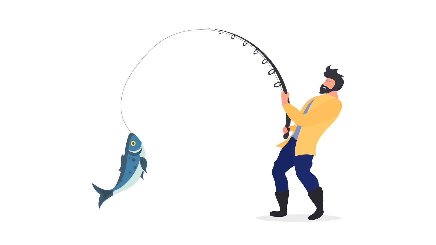 il pescatore sta pescando. un uomo con una canna da pesca tira un grosso pesce. concetto di pesca. isolato. vettore. vettore