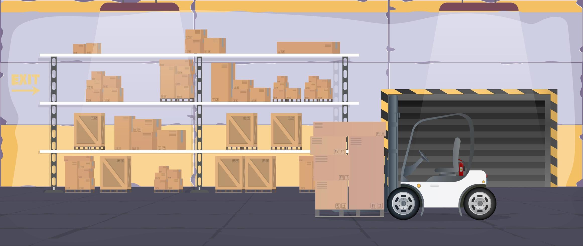 ampio magazzino con cassetti. un carrello elevatore solleva un pallet con scatole. carrello elevatore industriale. scaffale con cassetti e scatole. vettore. vettore
