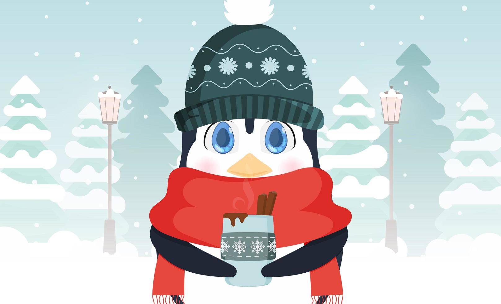 un piccolo pinguino carino con un cappello invernale e una sciarpa tiene in mano una bevanda calda. illustrazione vettoriale. vettore